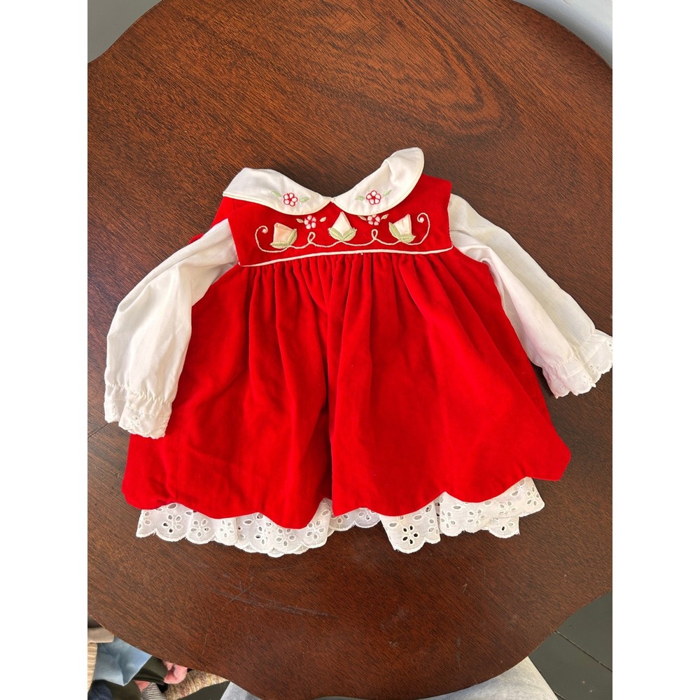 Vintage Baby Togs Red Velvet Floral Embroidered Dress Set 6-9 Months Eyelet Lace